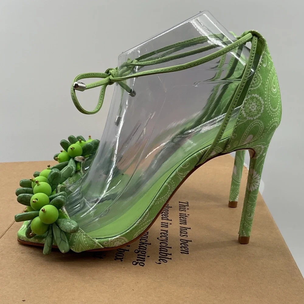 Schutz Green Paisley Beaded Ankle Wrap Stiletto Square Toe Sandals Women 6B